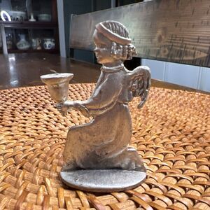 Vintage 1975 Primitive Metzke Pewter Christmas Kneeling Angel Candle Holder